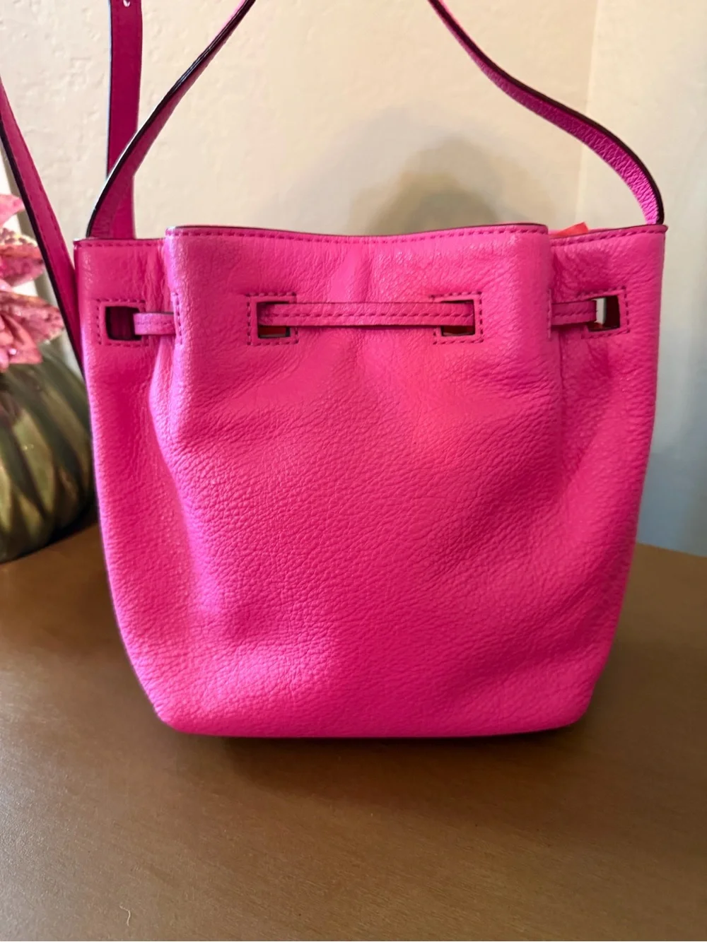 Kate Spade Hot Pink Leather Drawstring Crossbody Bucket Bag